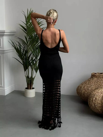 Vespera Maxi Dress by Lauven, showcasing back view with open-knit lower skirt and fringe hem.