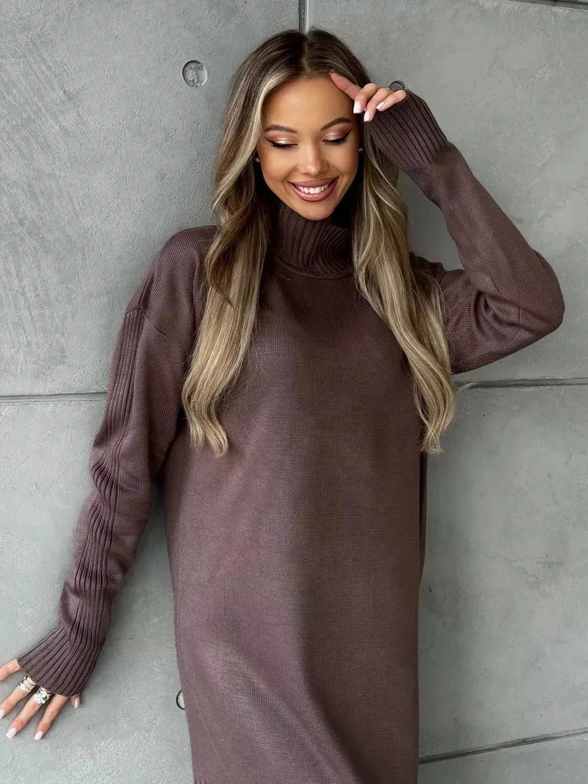 Noirra Midi Dress by Lauven - Modern knit dress in cocoa brown with a high-neck collar and relaxed silhouette.