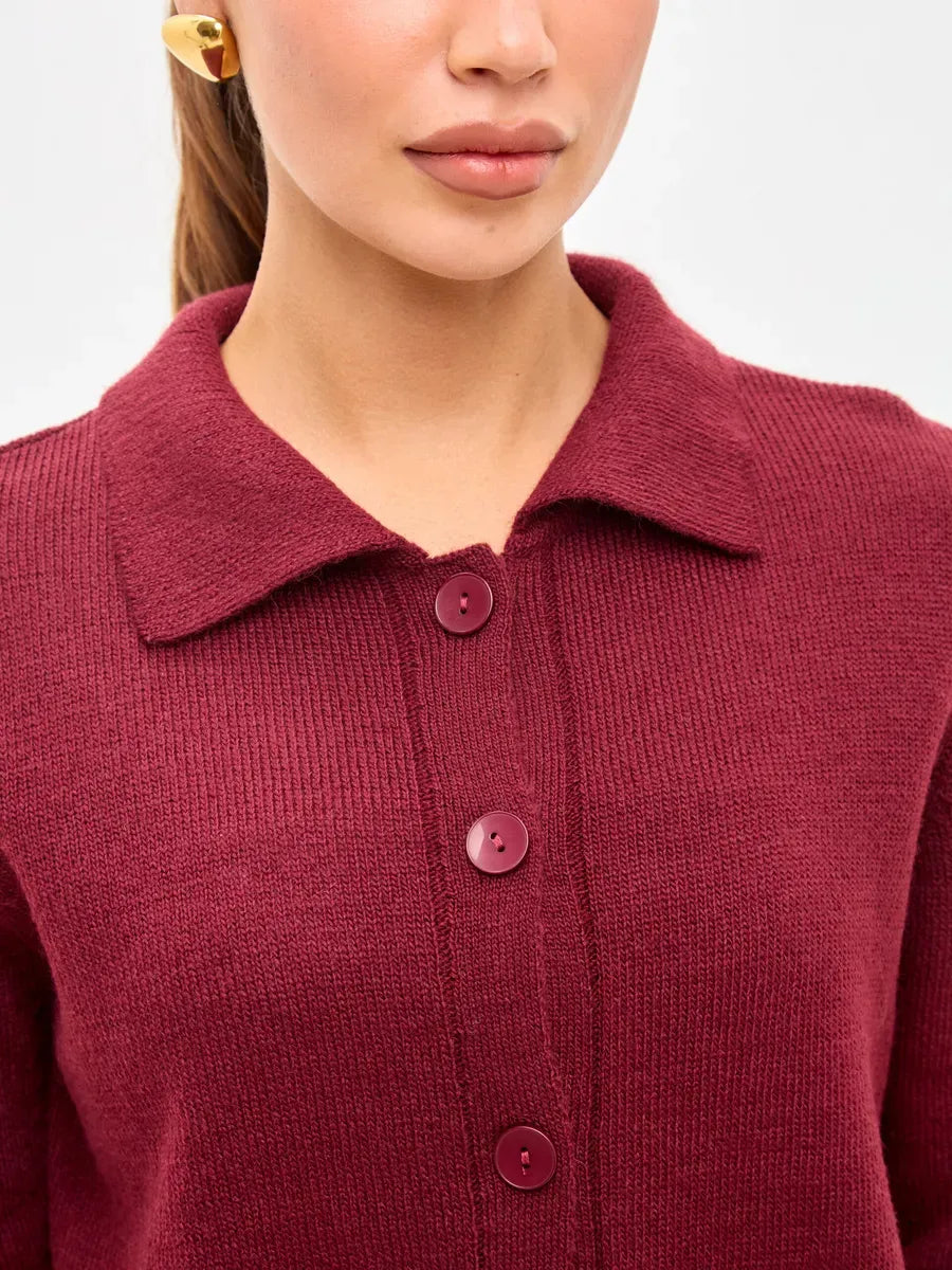 Mira Cardigan by Lauven, featuring a button closure and classic collar in a lightweight burgundy wool blend.