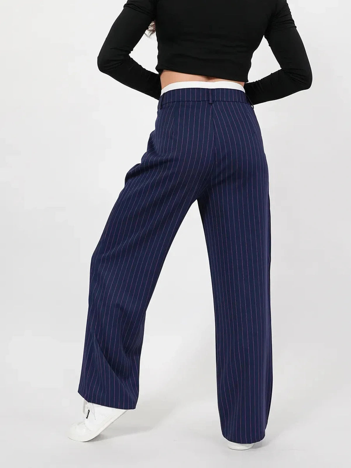 Aster Pants by Lauven featuring a stylish high-waist wide-leg design in navy pinstripes, ideal for various occasions.