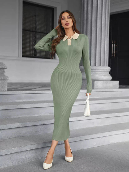 Sage Midi Dress by Lauven, featuring elegant ribbed knit and contrasting collar, perfect for timeless style.