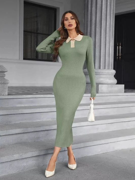 Sage Midi Dress by Lauven, featuring elegant ribbed knit and contrasting collar, perfect for timeless style.