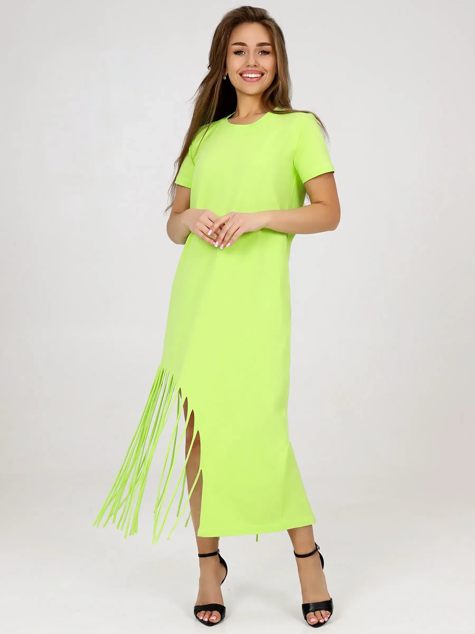 Luma Midi Dress by Lauven, lime cotton dress with fringe hem and relaxed fit for modern casual sophistication.