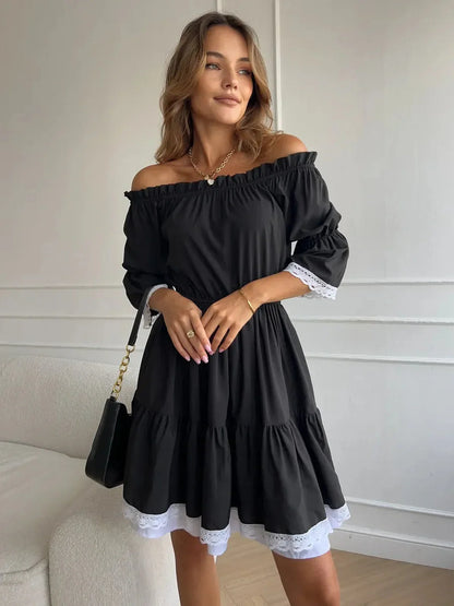 Timeless black mini dress with off-shoulder neckline, tiered ruffles, and lace trim, styled for a romantic look.