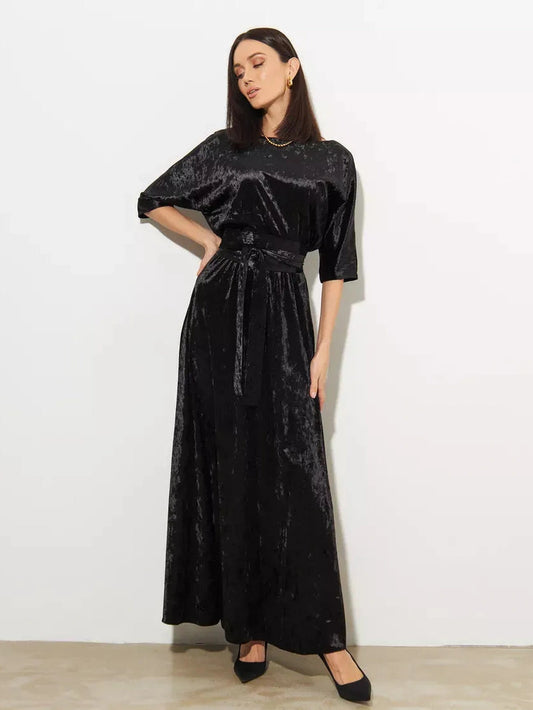 Noiré Maxi Dress by Lauven featuring a black velvet A-line silhouette with a relaxed bodice and removable belt.