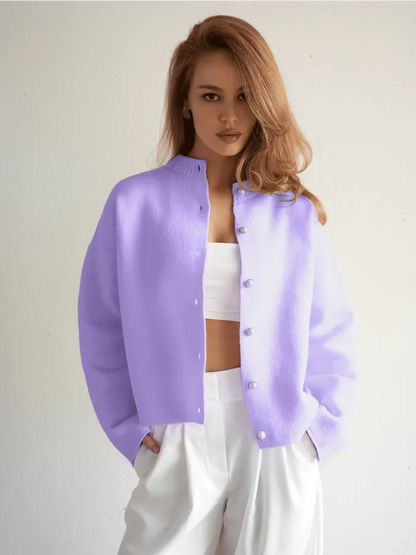 Lilac Cardigan by Lauven, cozy purple knitwear with button closure, perfect for school and office wear.