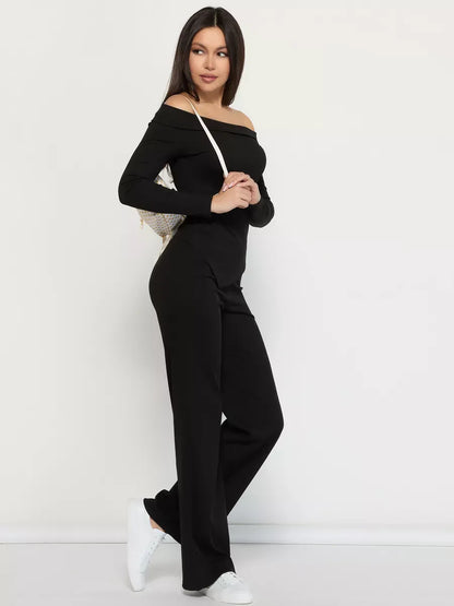 Onyx Two-Piece Set by Lauven - Off-Shoulder Ribbed Women’s Suit in black, featuring a slim fit and stylish design.