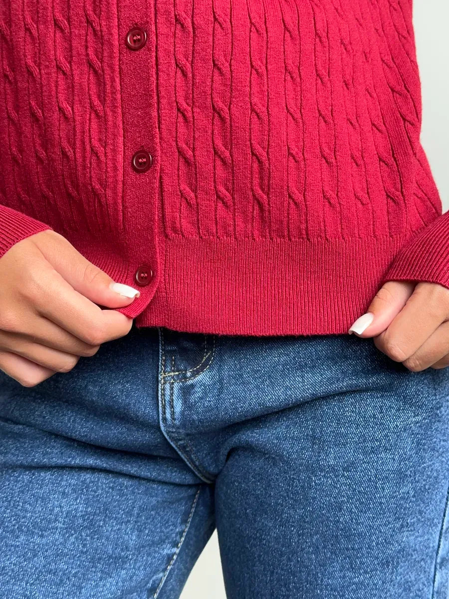 Sienna Cardigan by Lauven featuring elegant dark red knit with button detailing and a semi-fitted silhouette.