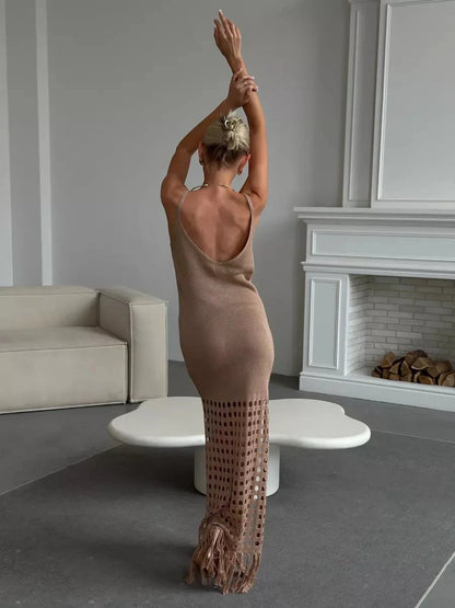 Calysta Maxi Dress by Lauven, featuring soft knit texture and fringe hem, ideal for summer styling.