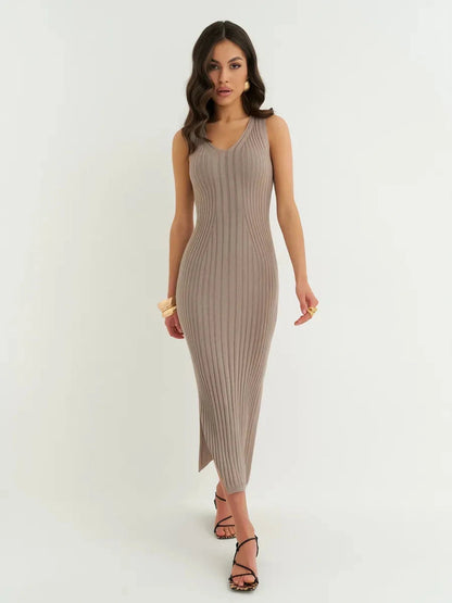 Mocha Midi Dress by Lauven - Sleeveless ribbed knit dress in cappuccino with V-neckline and side slits.