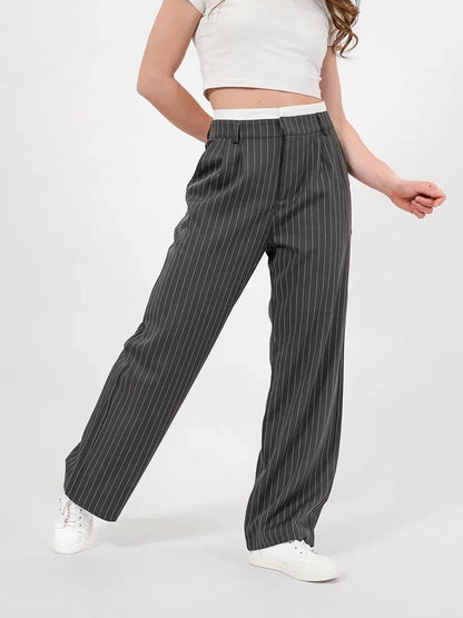 Luna Pants by Lauven — elegant high-waist wide-leg trousers with subtle pinstripe design in gray.