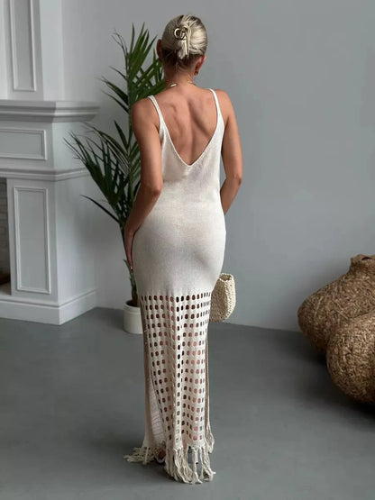 Lunara Maxi Dress by Lauven, showcasing a back view with openwork elegance and fringe hem for a stylish summer look.