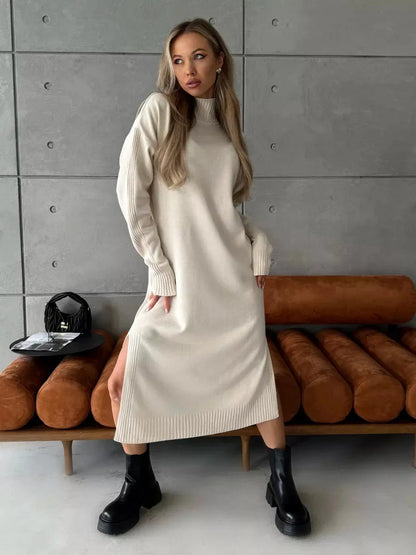 Celeste Midi Dress by Lauven, elegant knit design in soft beige worn with stylish black ankle boots.