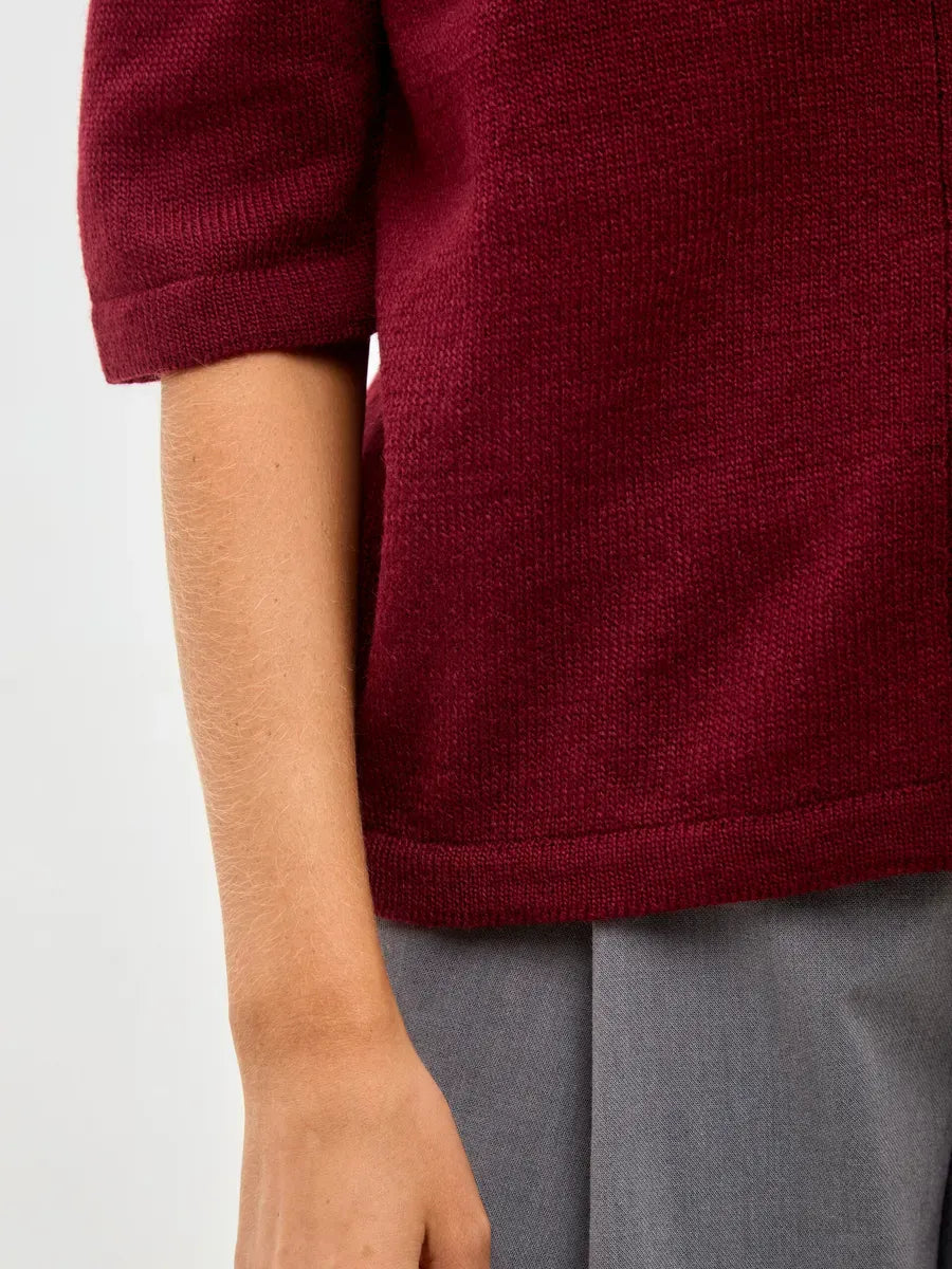 Mira Cardigan by Lauven, lightweight burgundy wool blend knitwear with button closure, perfect for layering.