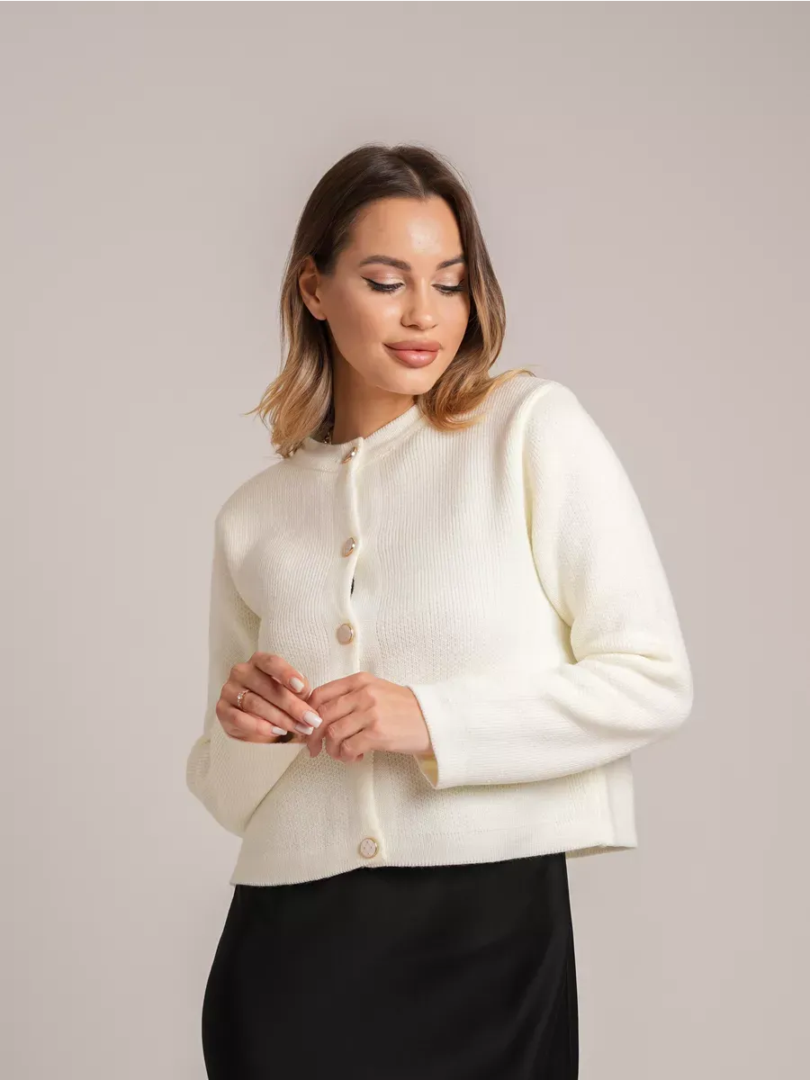 Ivory Cardigan by Lauven - Creamy white short loose fit knit with decorative buttons.