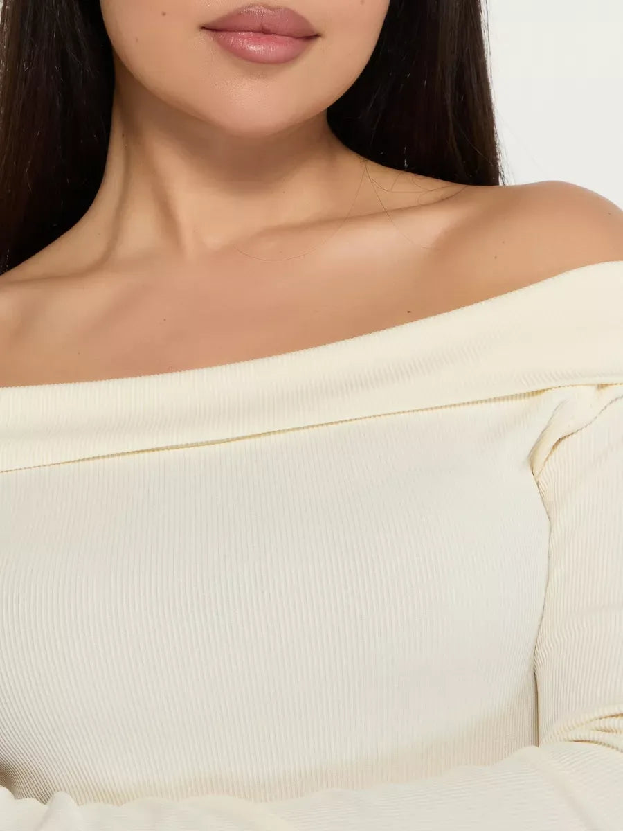 Ivory Two-Piece Set by Lauven showing off-shoulder ribbed top detail for women, emphasizing sophisticated comfort.