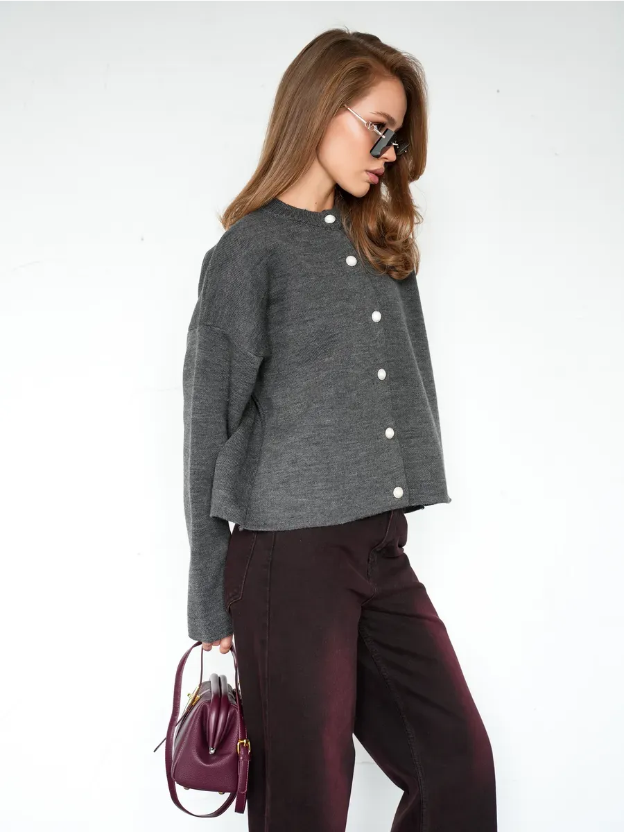 Asher Cardigan by Lauven in warm graphite knitwear with button closure, styled for school and office wear.