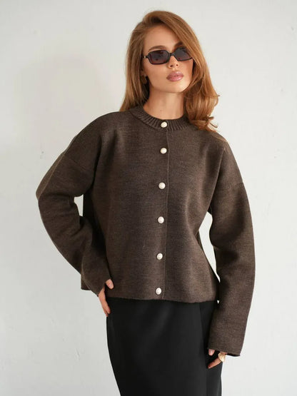 Cocoa Cardigan by Lauven featuring warm brown knitwear with button closure and a chic cropped silhouette.