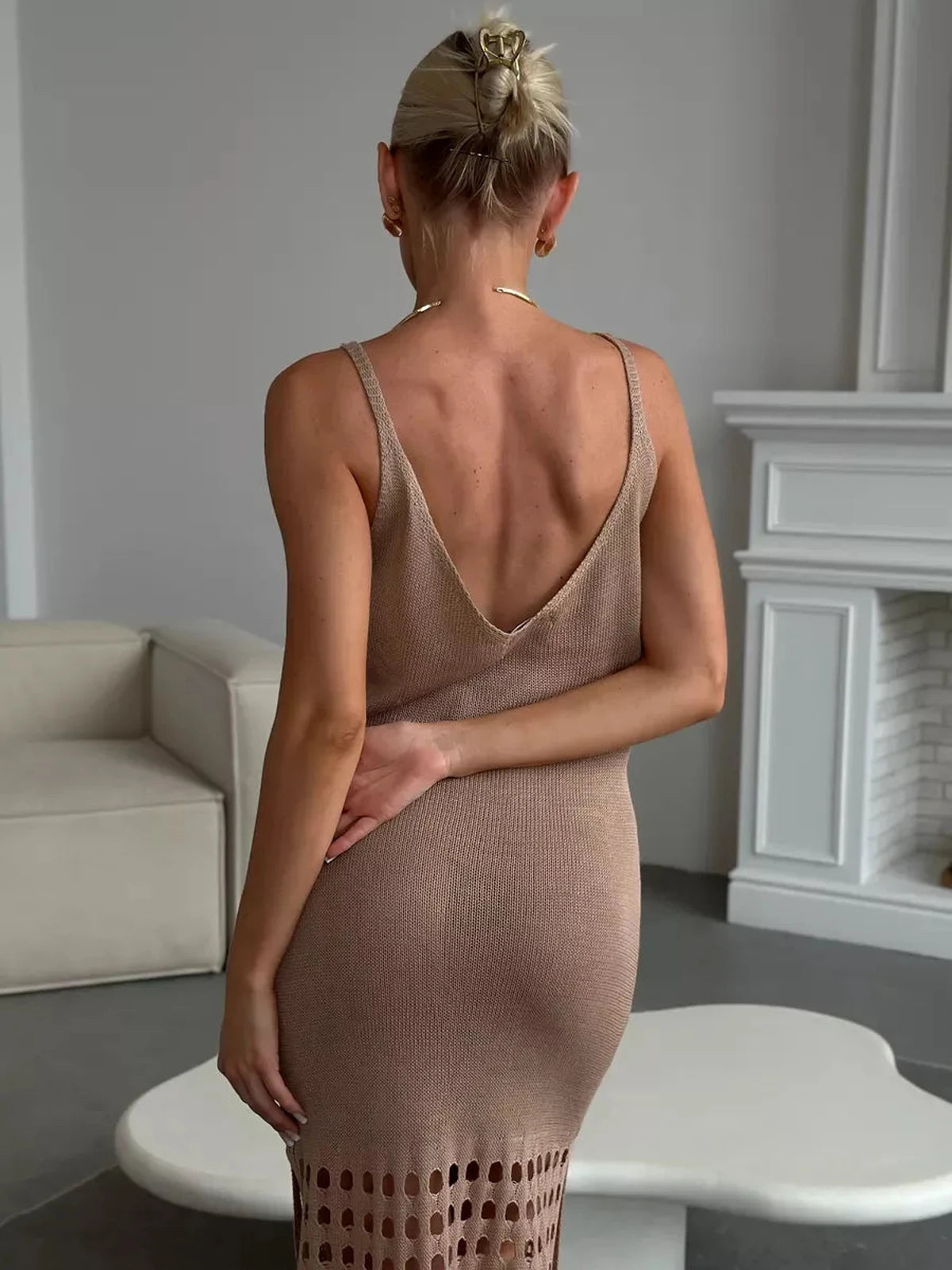 Calysta Maxi Dress by Lauven featuring a soft knit texture and side-slit elegance in refined beige.