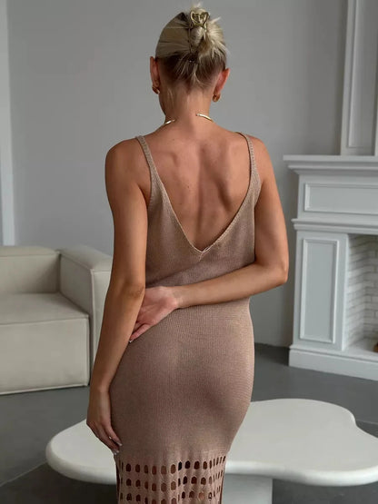 Calysta Maxi Dress by Lauven featuring a soft knit texture and side-slit elegance in refined beige.