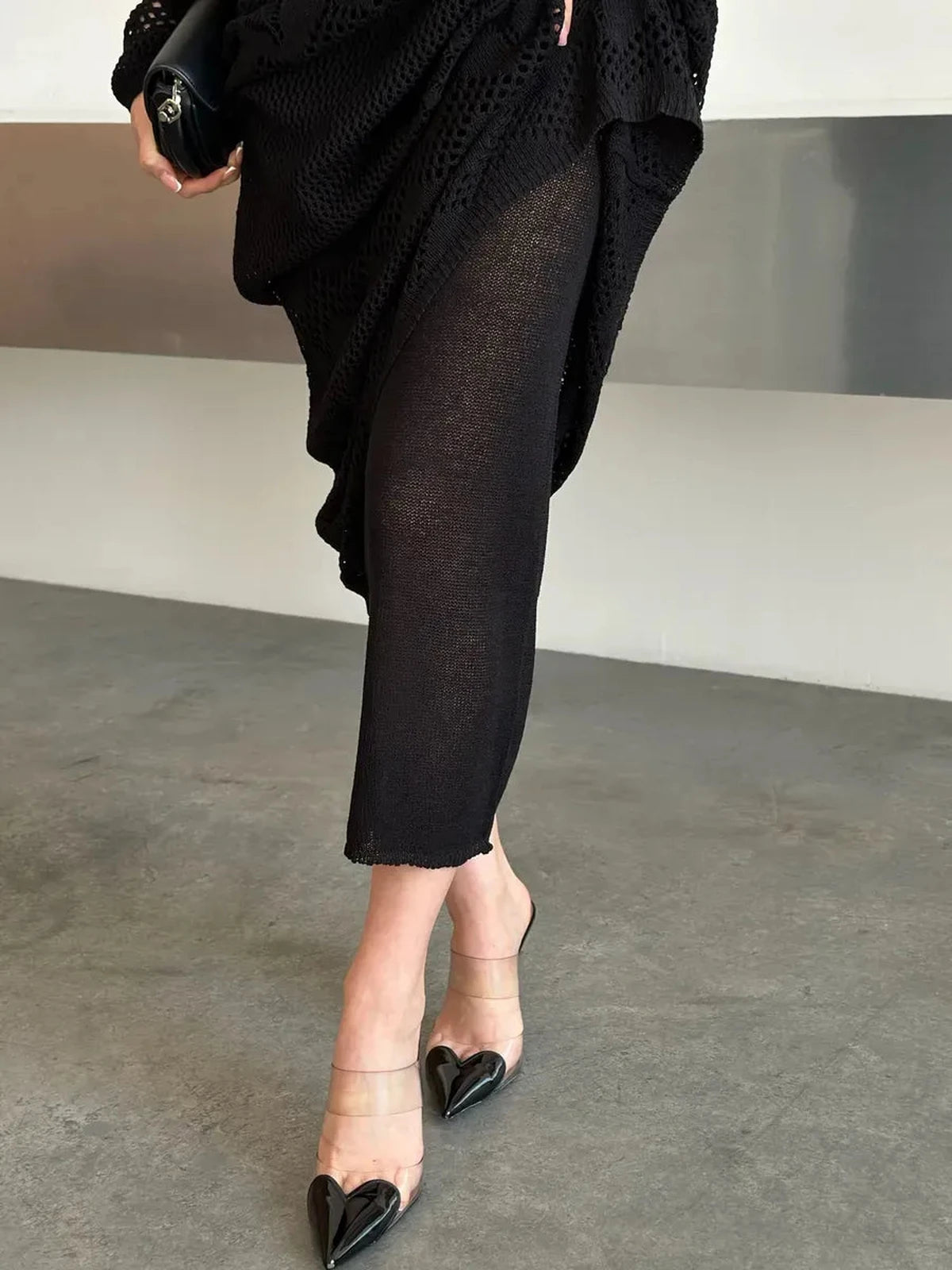 Lunara Maxi Dress with chic black crochet knit, styled with transparent heels from Lauven.