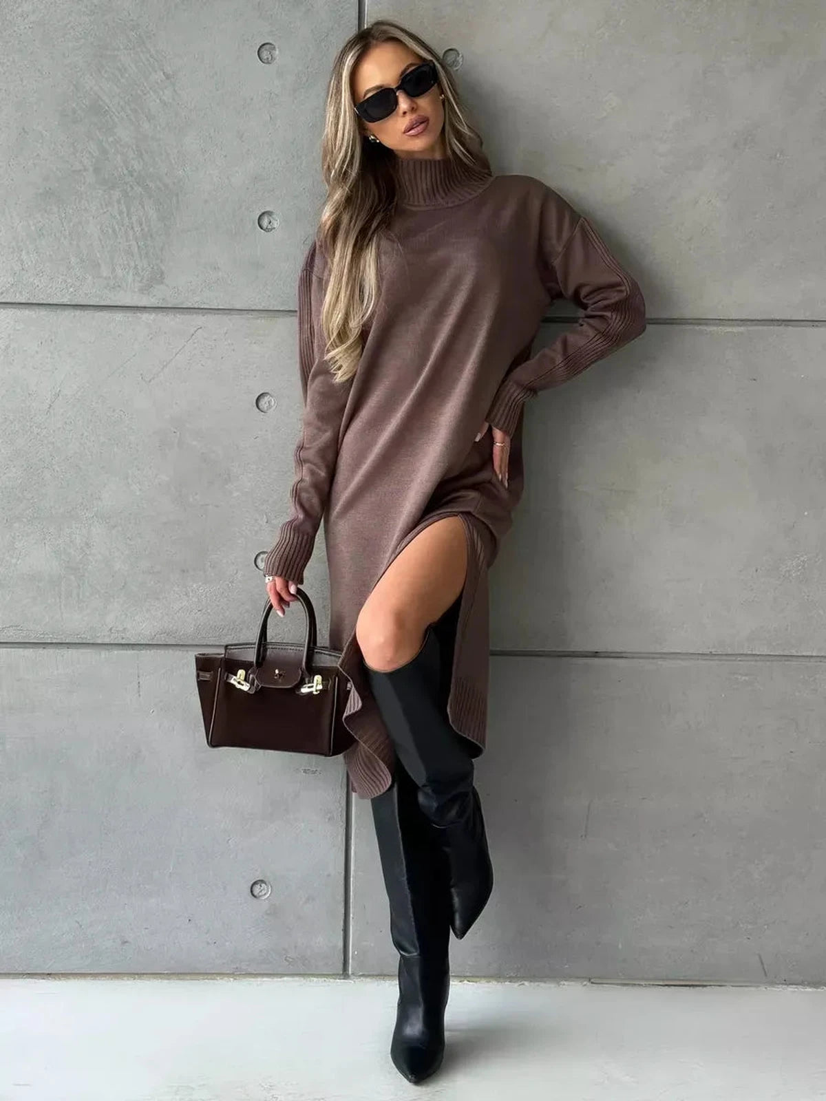 Noirra Midi Dress by Lauven in cocoa brown, featuring a high-neck collar and side slit, pairing elegance with comfort.