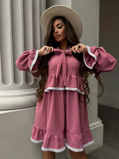 Rosea Mini Dress by Lauven featuring elegant ruffles and lace details, designed for sophistication and comfort.