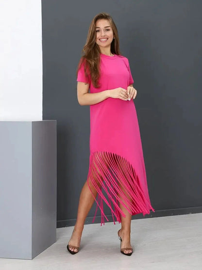 Capri Midi Dress by Lauven: Fuchsia cotton jersey dress with fringe hem for elegant style.