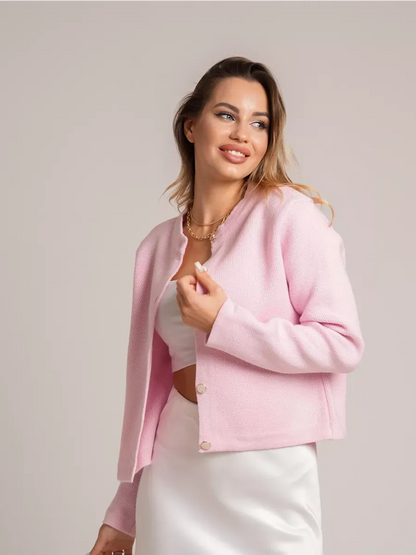 Lauven Blush Cardigan in pink, short loose fit knit with decorative buttons, perfect for autumn elegance.