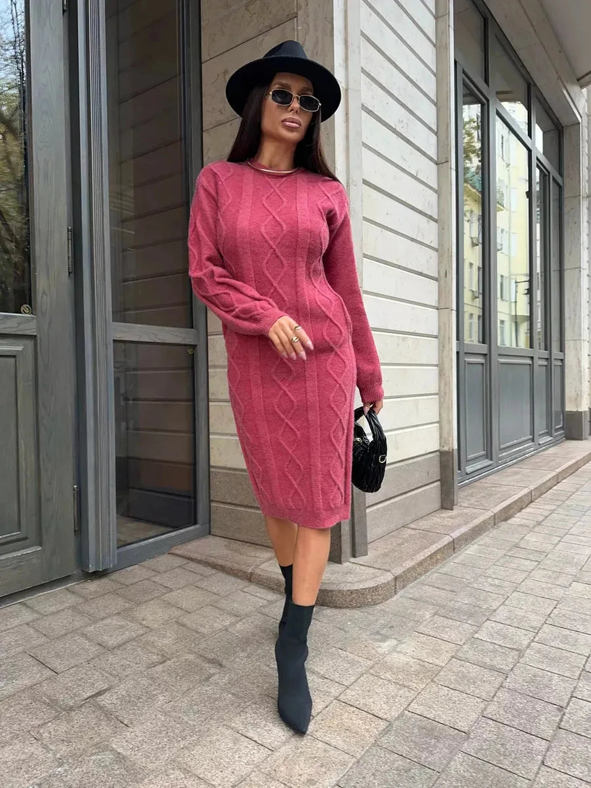 Berry Midi Dress by Lauven - Elegant textured knit dress in rich berry color, perfect for any occasion.