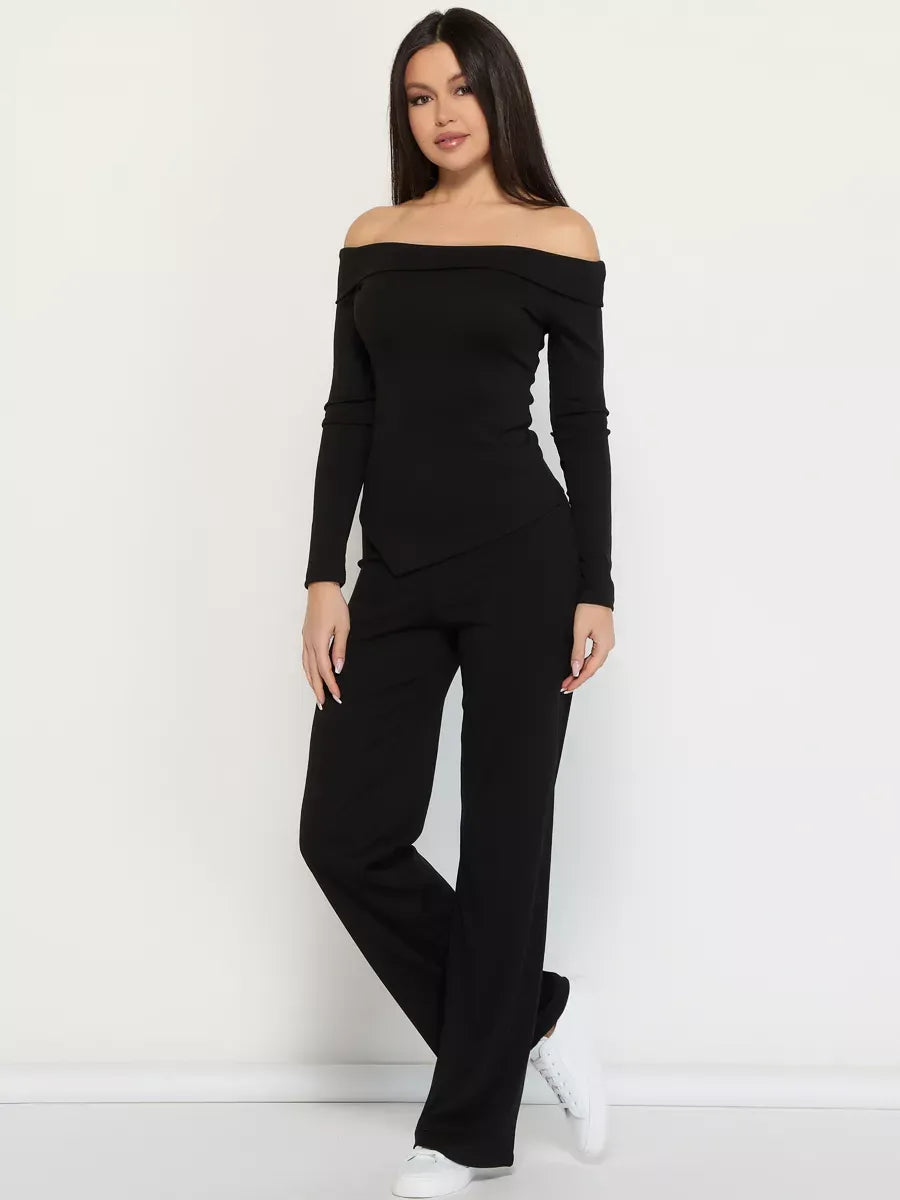 Onyx Two-Piece Set by Lauven, featuring an off-shoulder ribbed women’s suit in black.