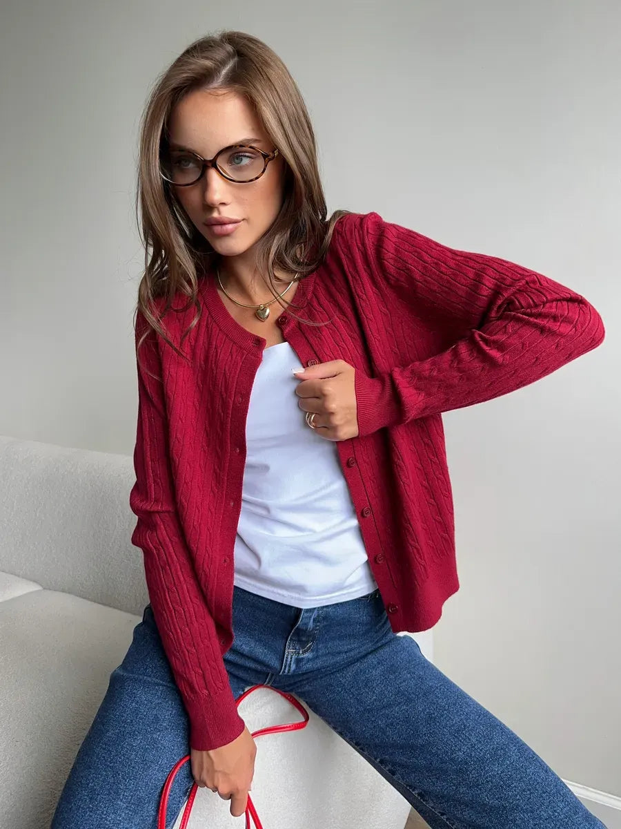 Sienna Cardigan by Lauven, elegant dark red knit with button detailing, perfect for work or weekend stylish looks.