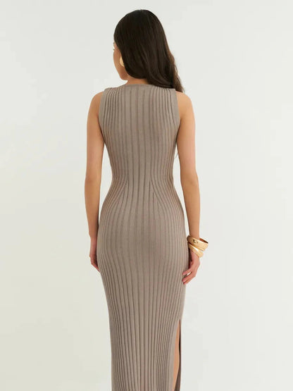 Mocha Midi Dress by Lauven, showcasing a sleeveless ribbed knit design in a cappuccino tone with side slits.