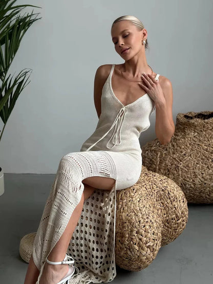 Lunara Maxi Dress by Lauven, featuring soft knit texture and openwork elegance, perfect for warm-weather wear.