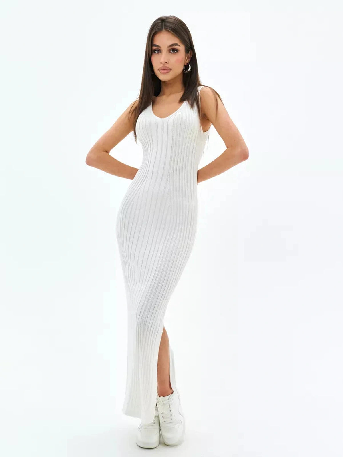 Aria Midi Dress by Lauven featuring a sleeveless ivory ribbed knit design with V-neckline and side slits.