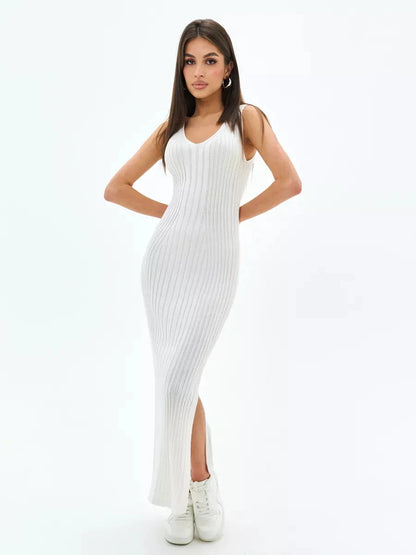 Aria Midi Dress by Lauven featuring a sleeveless ivory ribbed knit design with V-neckline and side slits.