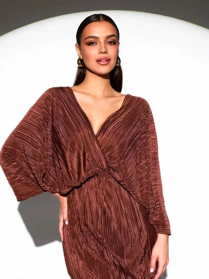 Vega Midi Dress by Lauven - Chocolate pleated dress featuring V-neckline and flowing kimono sleeves.