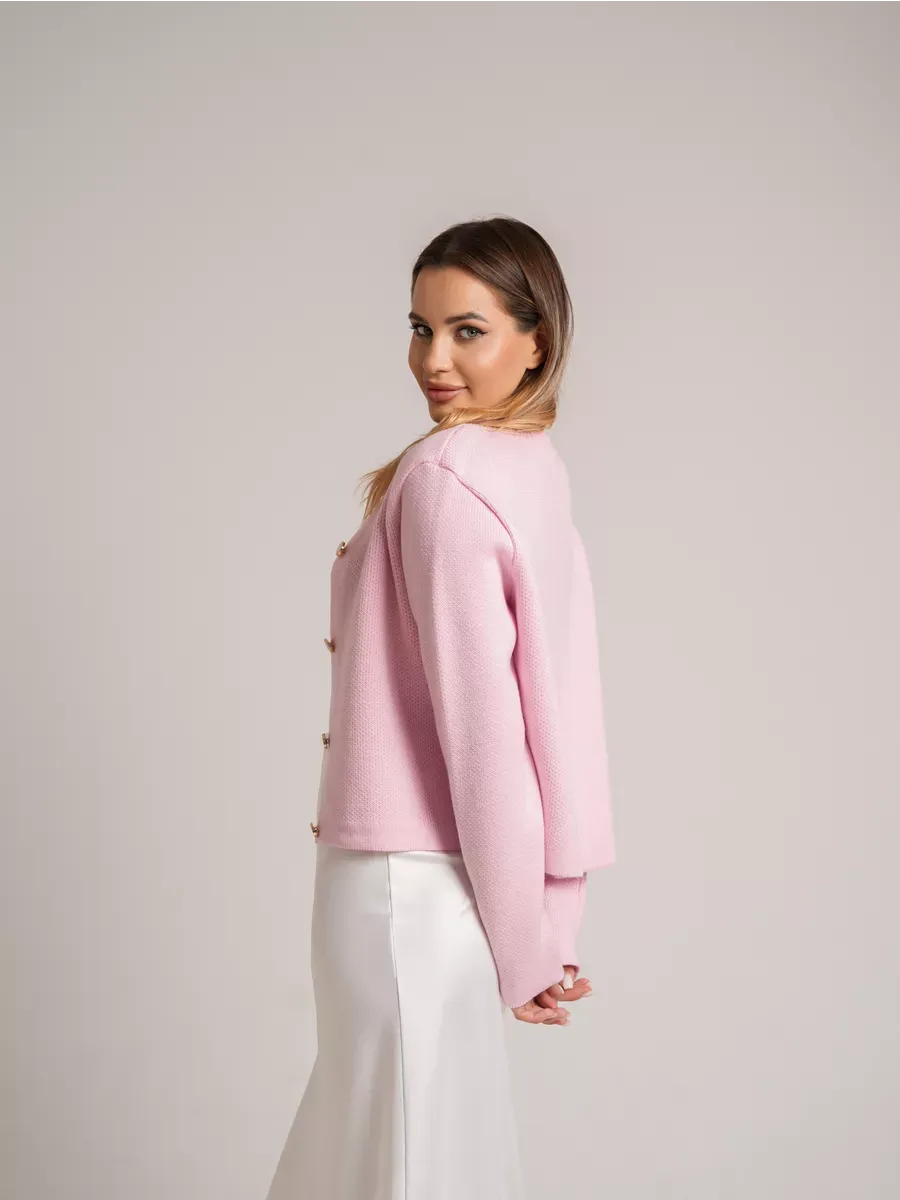 Blush Cardigan by Lauven featuring a pink short loose fit knit with decorative buttons, perfect for autumn style.
