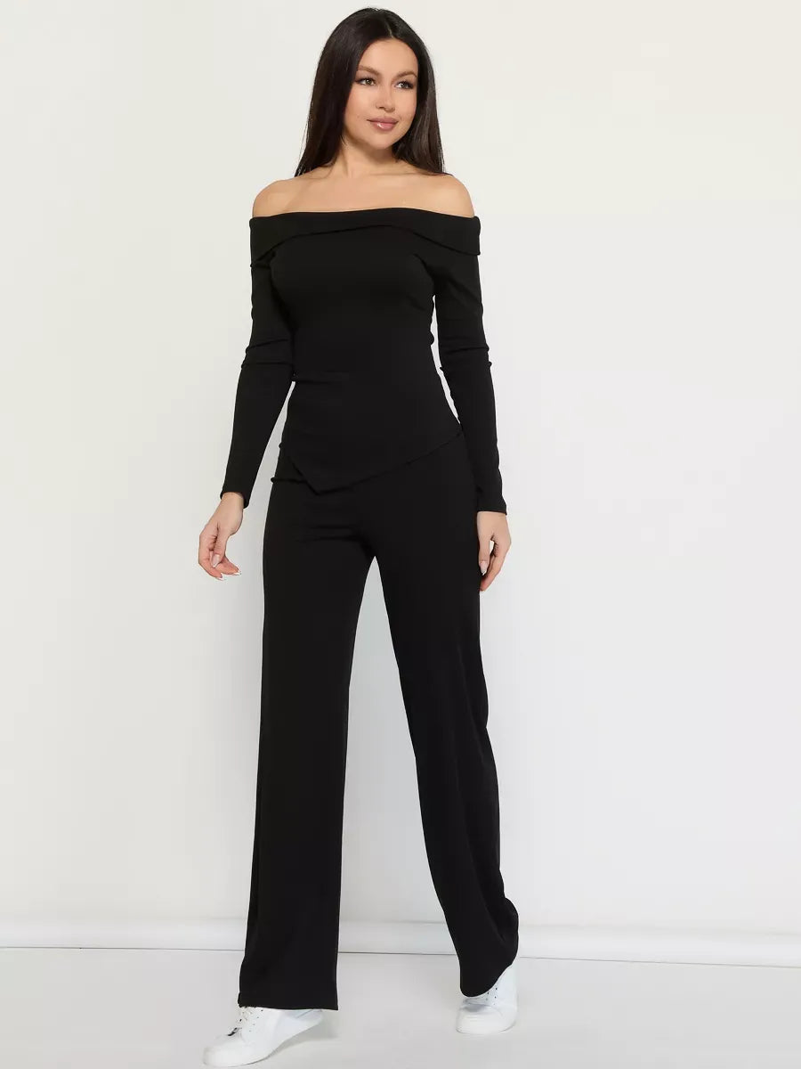 Onyx Two-Piece Set by Lauven, elegant off-shoulder ribbed women's suit in black, perfect for modern wardrobes.