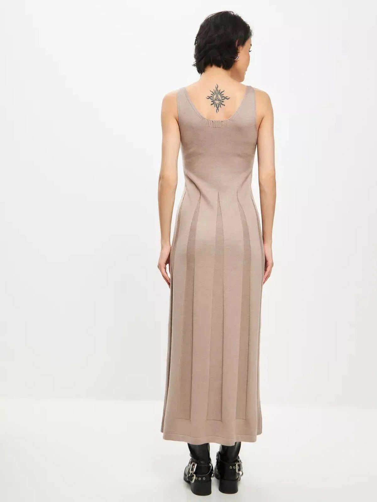 Siena Maxi Dress by Lauven, taupe knit ribbed dress showcasing elegant back design and stylish silhouette.