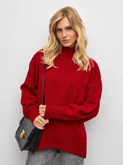 Sienna Sweater by Lauven - Oversized women’s knit turtleneck in deep red, perfect for cool-weather layering.