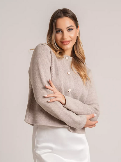 Lauven Alba Cardigan - Beige short loose fit knit with decorative buttons for autumn elegance.