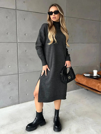 Asteria Midi Dress by Lauven, featuring a cozy knit texture and stylish side slit for effortless chic.