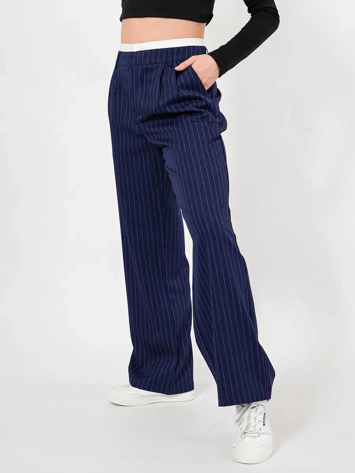 Aster Pants by Lauven featuring a high-waist, wide-leg design in navy with elegant pinstripes.