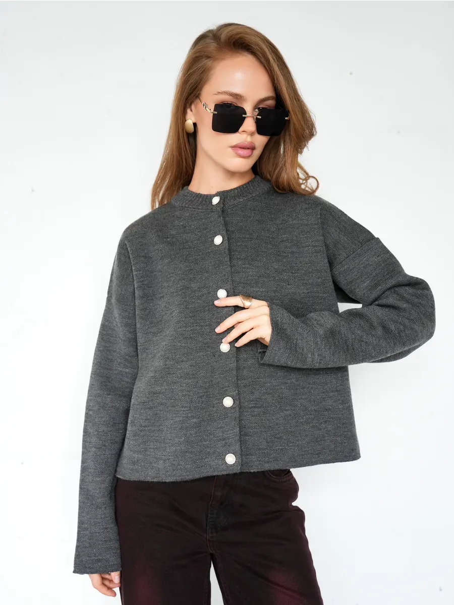 Asher Cardigan by Lauven in warm graphite knitwear with button closure, perfect for layering.