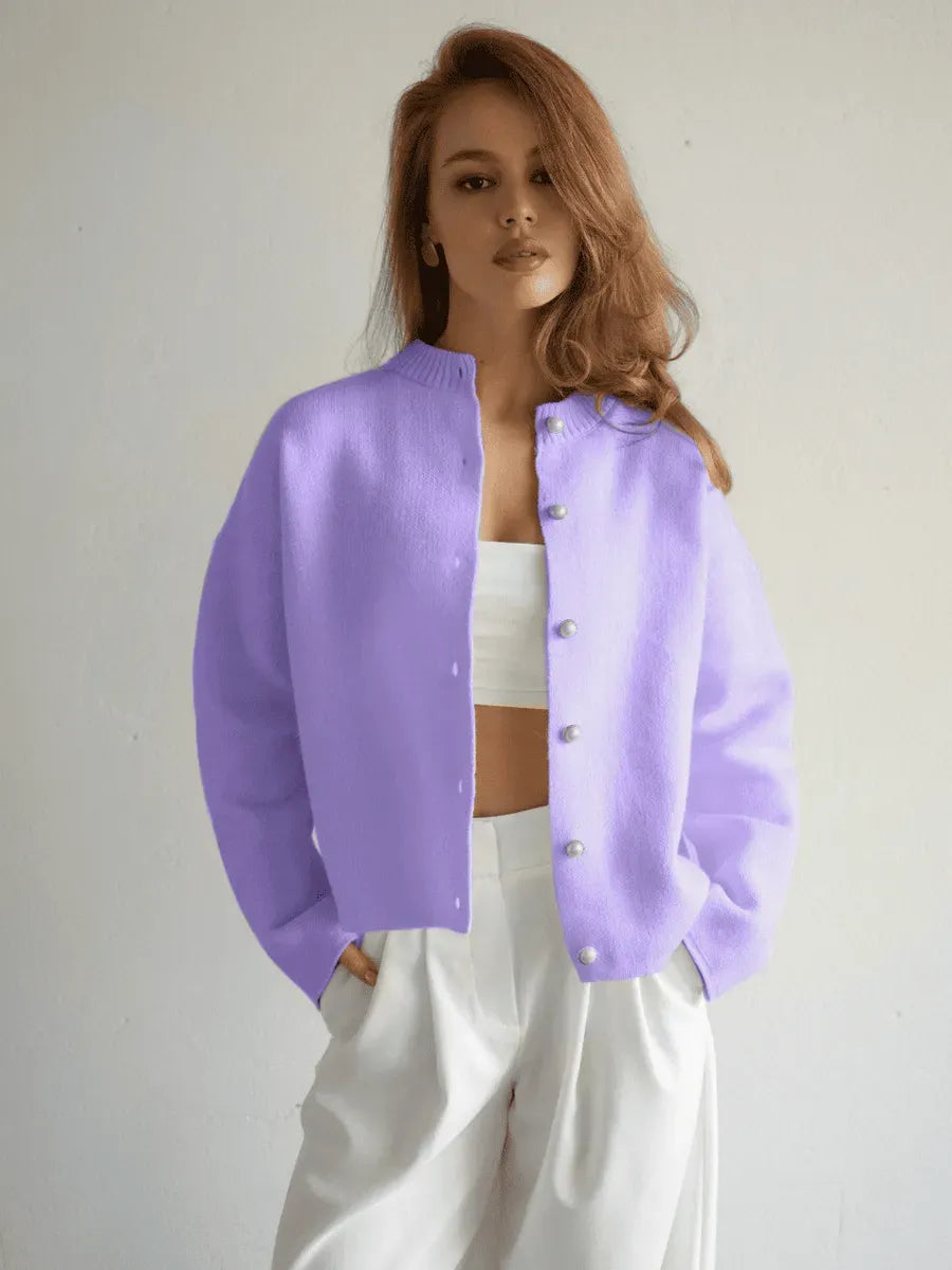 Lilac Cardigan by Lauven, featuring warm purple knitwear with button closure in a chic cropped silhouette.