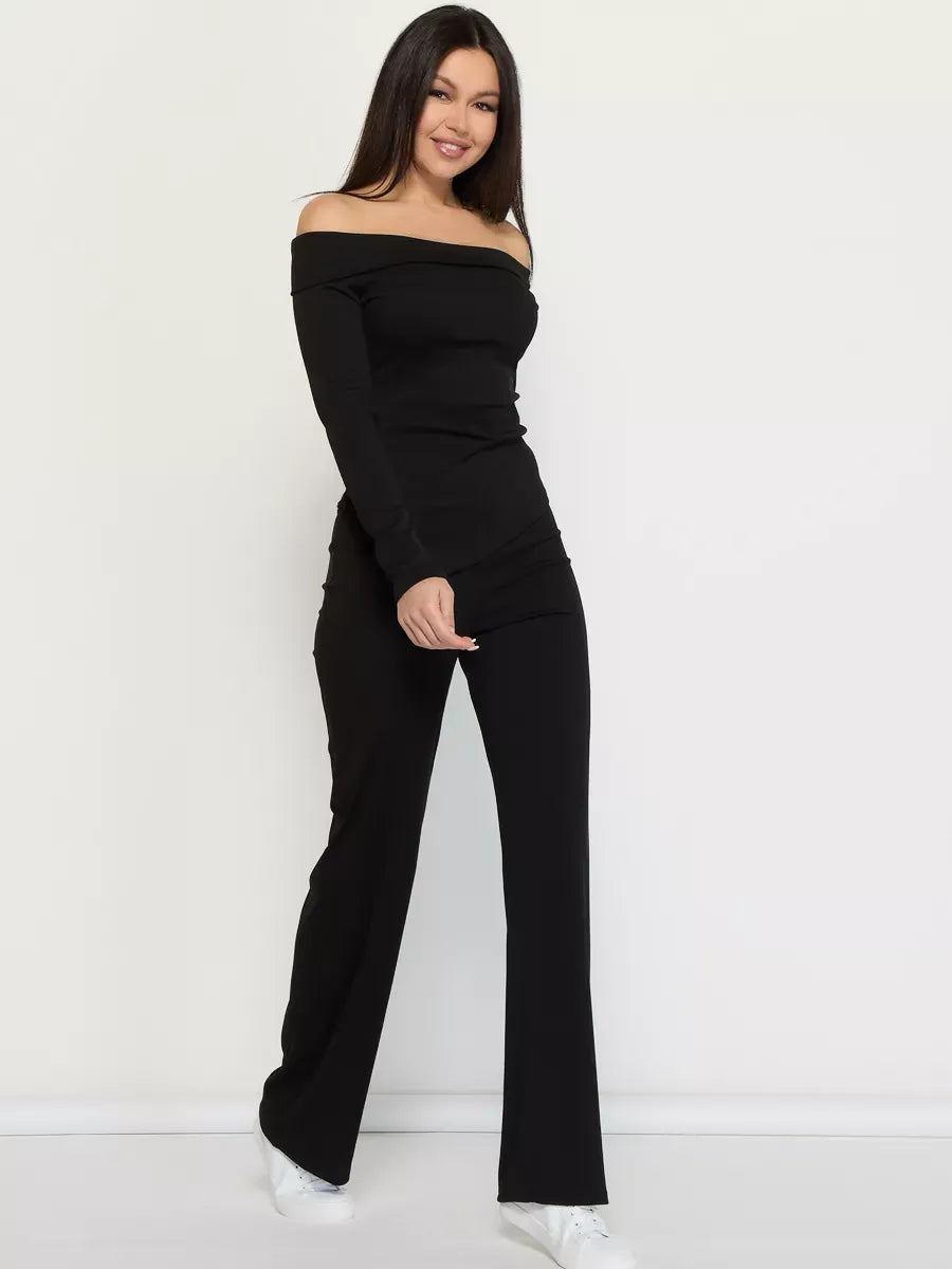 Onyx Two-Piece Set by Lauven, showcasing an off-shoulder ribbed women's suit in black for modern elegance.