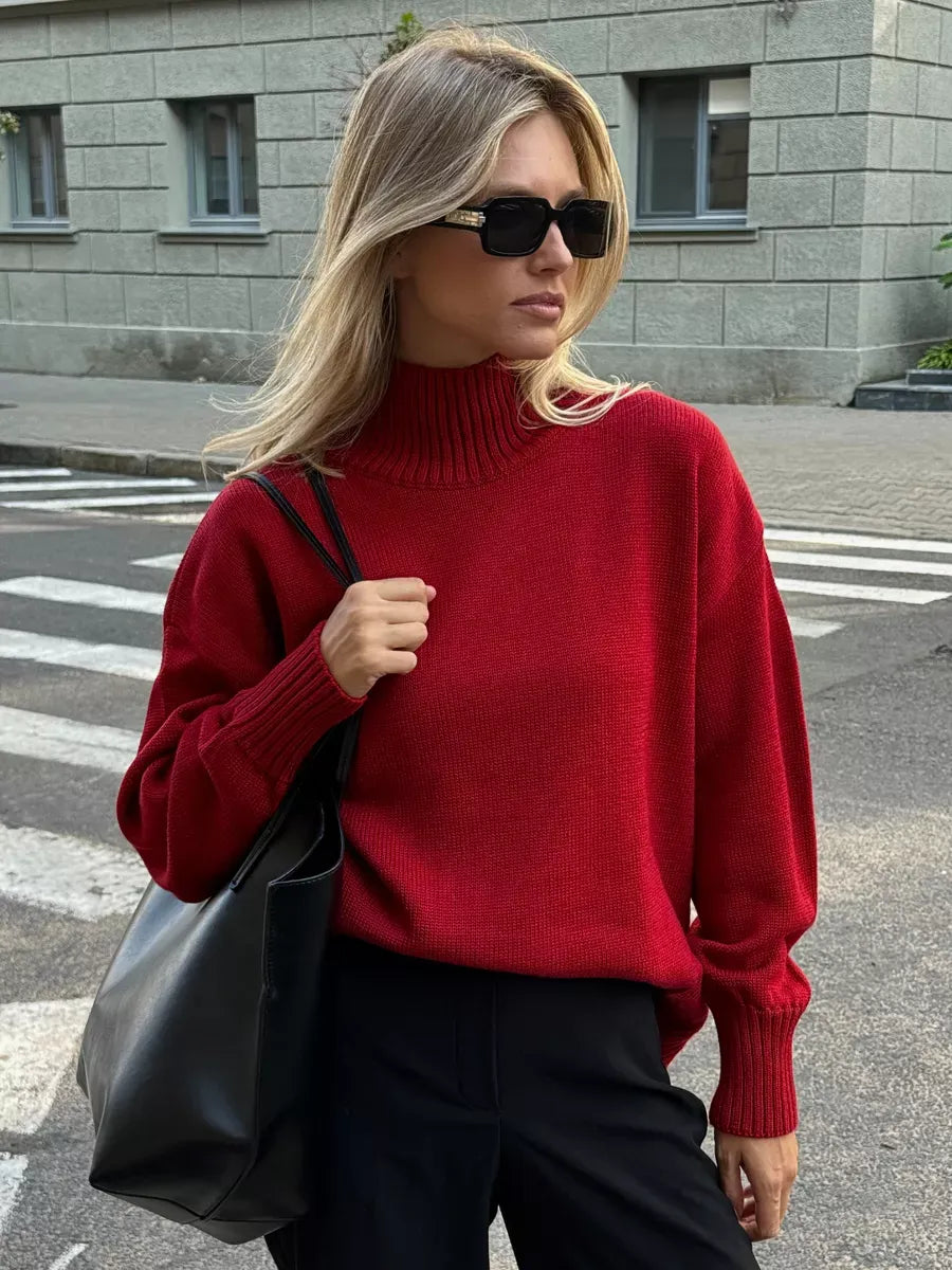 Sienna Sweater by Lauven - Oversized Women's Knit Turtleneck in Deep Red with Cozy Fit