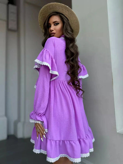 Violetta Mini Dress by Lauven featuring delicate lace and flowing ruffles in lilac color.