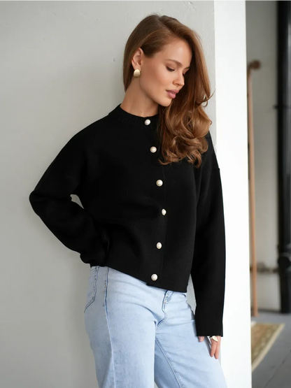 Obsidian Cardigan by Lauven - Warm black knitwear with button closure, perfect for school and office wear.